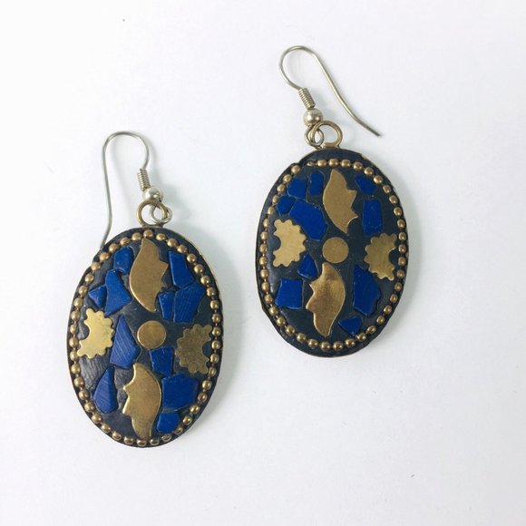 Boho Mosaic Brass Dangle Earrings - Picture 3 of 5